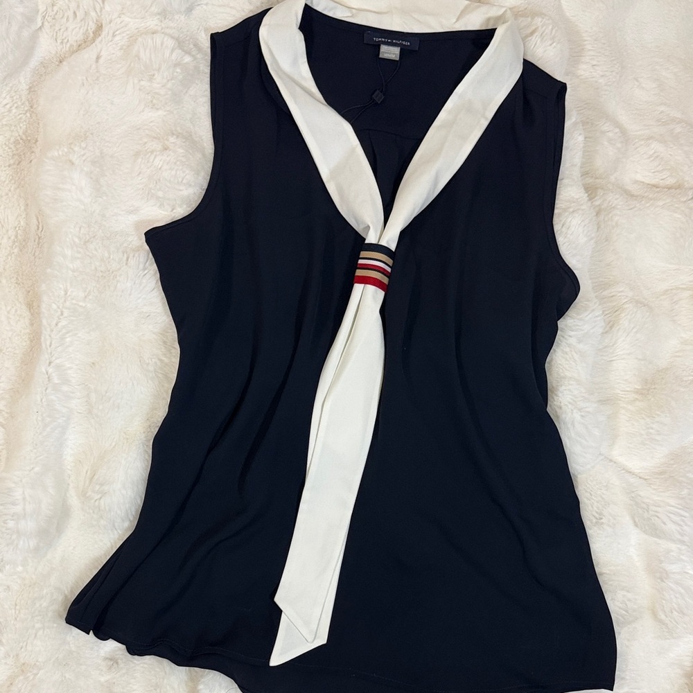 Tommy Hilfiger Black Top with White and Red Scarf Detail